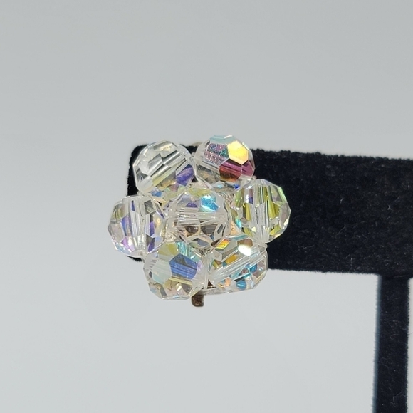 Vintage Crystal Aurora Borealis Clip Earrings Made In Italy #1209 - Picture 5 of 15